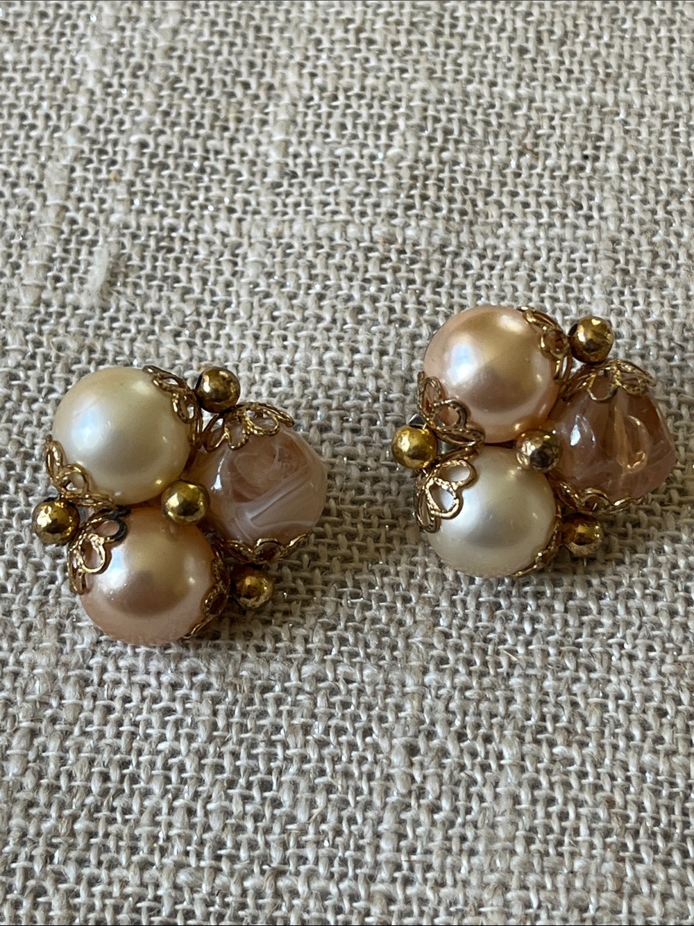 Vintage Gold-Tone Pearl Like Cluster Clip-On Earrings